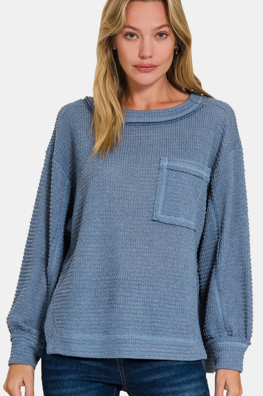 Zenana Exposed Seam Side Slit Long Sleeve Top Dusty Blue Shirt Apparel Clothing Tops Ship from USA Shirts USA Women Zenana Trendsi https://www.cyberehub.com
