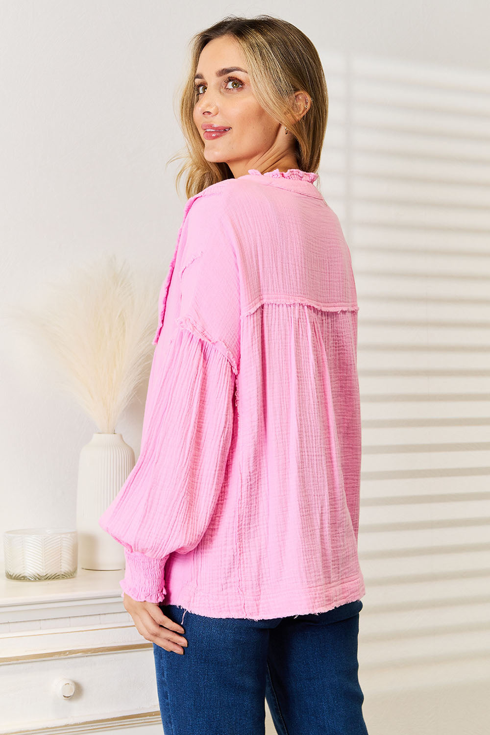 Double Take Exposed Seam Buttoned Notched Neck Blouse Apparel/Tops Double Take Ship from USA TikTok Tops Trendsi USPS Walmart Walmart Apparel Trendsi https://www.cyberehub.com