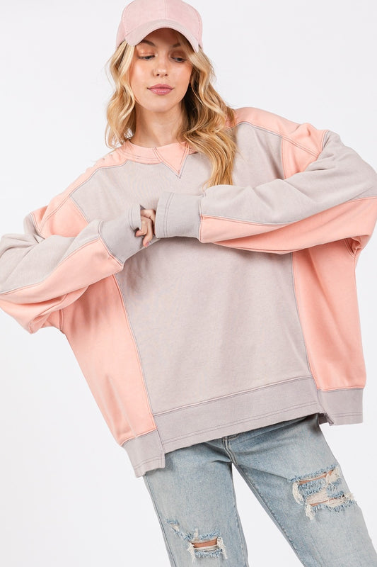 SAGE + FIG Color Block Round Neck Sweatshirt Gray Peach Apparel/Tops SAGE+FIG Ship from USA TikTok Tops Trendsi USPS Walmart Walmart Apparel Trendsi https://www.cyberehub.com