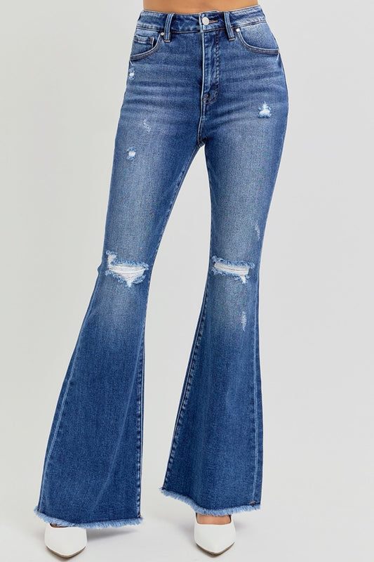 RISEN Full Size High Rise Distressed Raw Hem Flare Jeans Dark Bottoms Bottoms Clothing RISEN Ship from USA Women Trendsi https://www.cyberehub.com