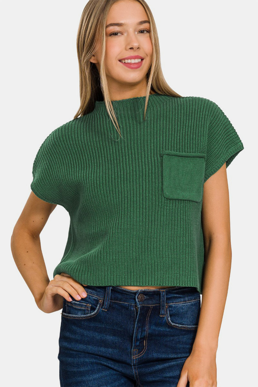 Zenana Mock Neck Short Sleeve Cropped Sweater DK GREEN Shirt Apparel Clothing Tops Ship from USA Shirts USA Women Zenana Trendsi https://www.cyberehub.com