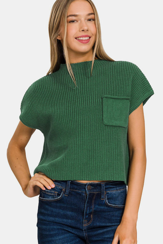 Zenana Mock Neck Short Sleeve Cropped Sweater DK GREEN Shirt Apparel Clothing Tops Ship from USA Shirts USA Women Zenana Trendsi https://www.cyberehub.com
