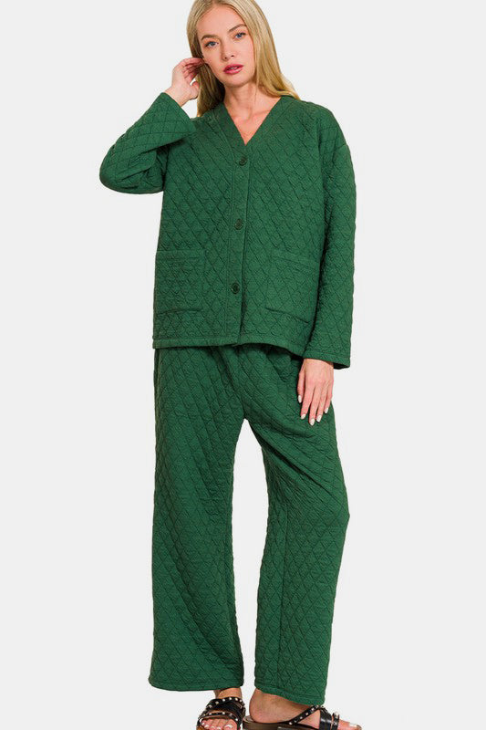 Zenana Quilted Button Up Long Sleeve Top and Pants Lounge Set Apparel Apparel Ship from USA TikTok Trendsi Zenana Trendsi https://www.cyberehub.com