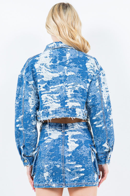 American Bazi Jacquard Trim Cropped Denim Jacket Tops/Jackets/Sweaters American Bazi Clothing Tops Ship from USA TikTok Trendsi USPS Walmart Trendsi https://www.cyberehub.com
