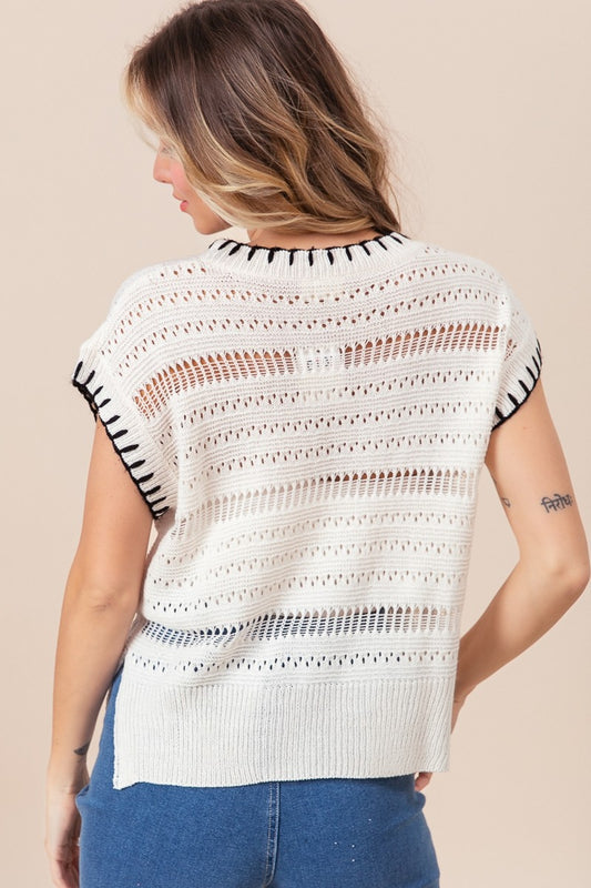 BiBi Stitch Edge Pointelle Side Slit Sweater Vest Shirt Apparel BiBi Clothing Tops Ship from USA Shirts USA Women Trendsi https://www.cyberehub.com