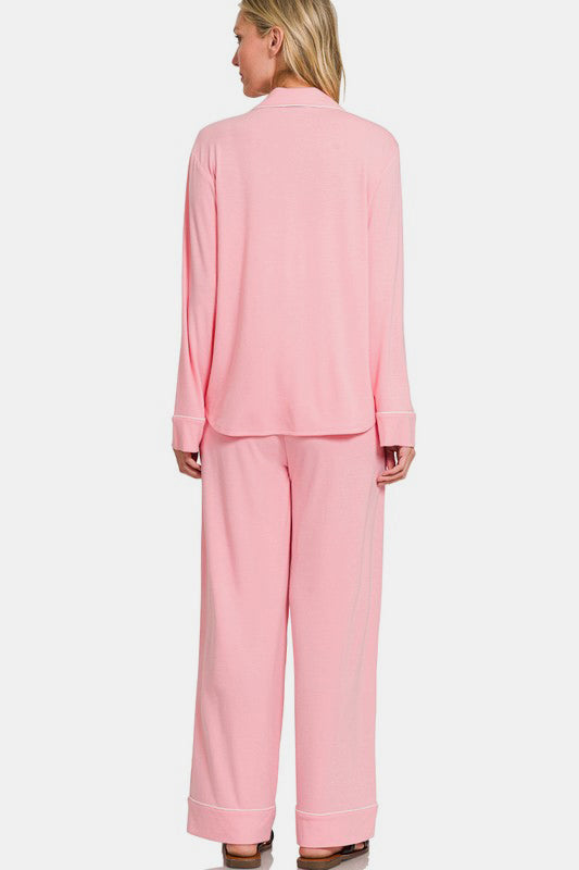 Zenana Button Down Long Sleeve Top and Pants Lounge Set Apparel Apparel Ship from USA TikTok Trendsi Zenana Trendsi https://www.cyberehub.com