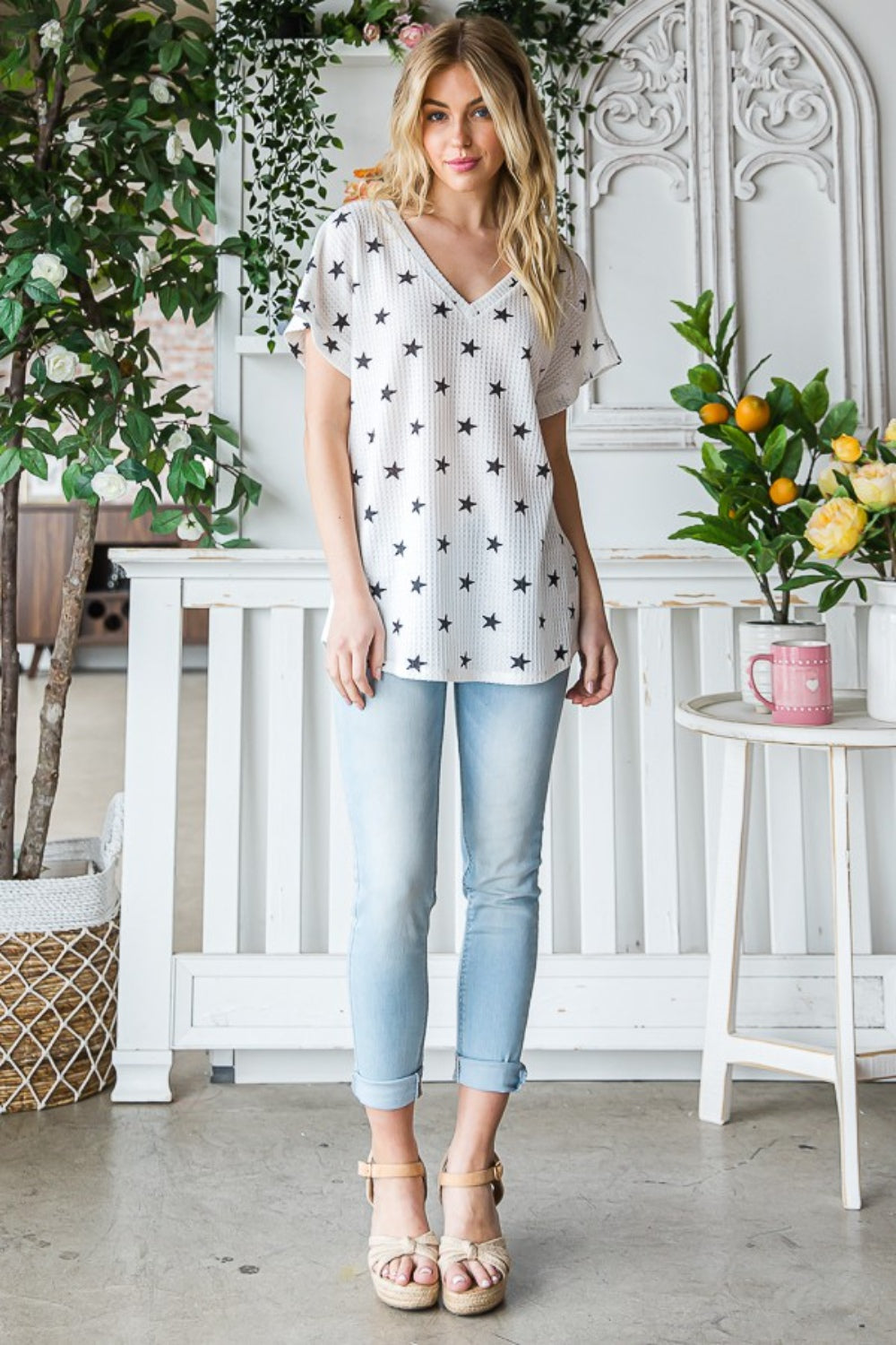 Heimish Full Size Star Print Short Sleeve V-Neck Waffle Knit T-Shirt Apparel/Tops Heimish Ship from USA TikTok Tops Trendsi USPS Walmart Walmart Apparel Trendsi https://www.cyberehub.com