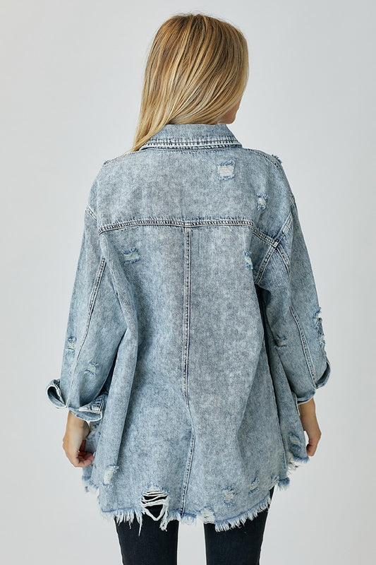 RISEN Distressed Raw Hem Denim Shirt Apparel/Tops RISEN Ship from USA TikTok Tops Trendsi USPS Walmart Walmart Apparel Trendsi https://www.cyberehub.com