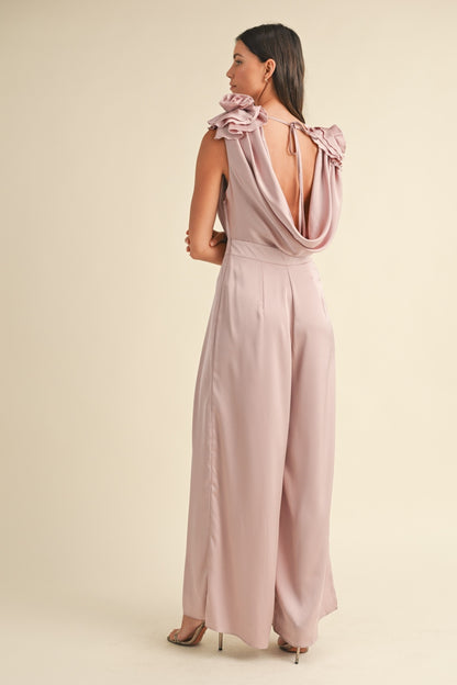 MABLE 3D Floral Applique Deep Cowl Neck Jumpsuit Bottoms Bottoms Clothing MABLE Ship from USA Women Trendsi https://www.cyberehub.com