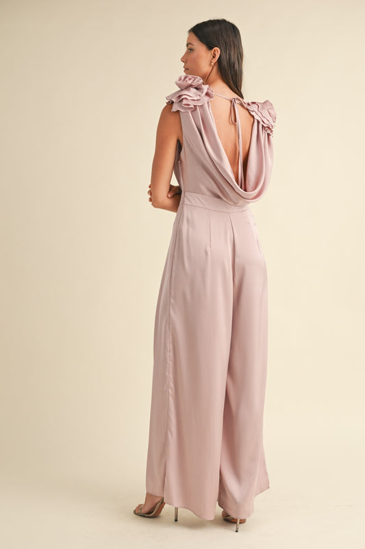 MABLE 3D Floral Applique Deep Cowl Neck Jumpsuit Bottoms Bottoms Clothing MABLE Ship from USA Women Trendsi https://www.cyberehub.com