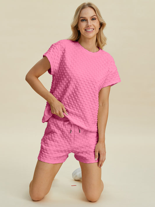 Double Take Full Size Texture T-Shirt and Shorts Set Pink Tops/Jackets/Sweaters Clothing Tops Double Take Ship from USA TikTok Trendsi USPS Walmart Trendsi https://www.cyberehub.com