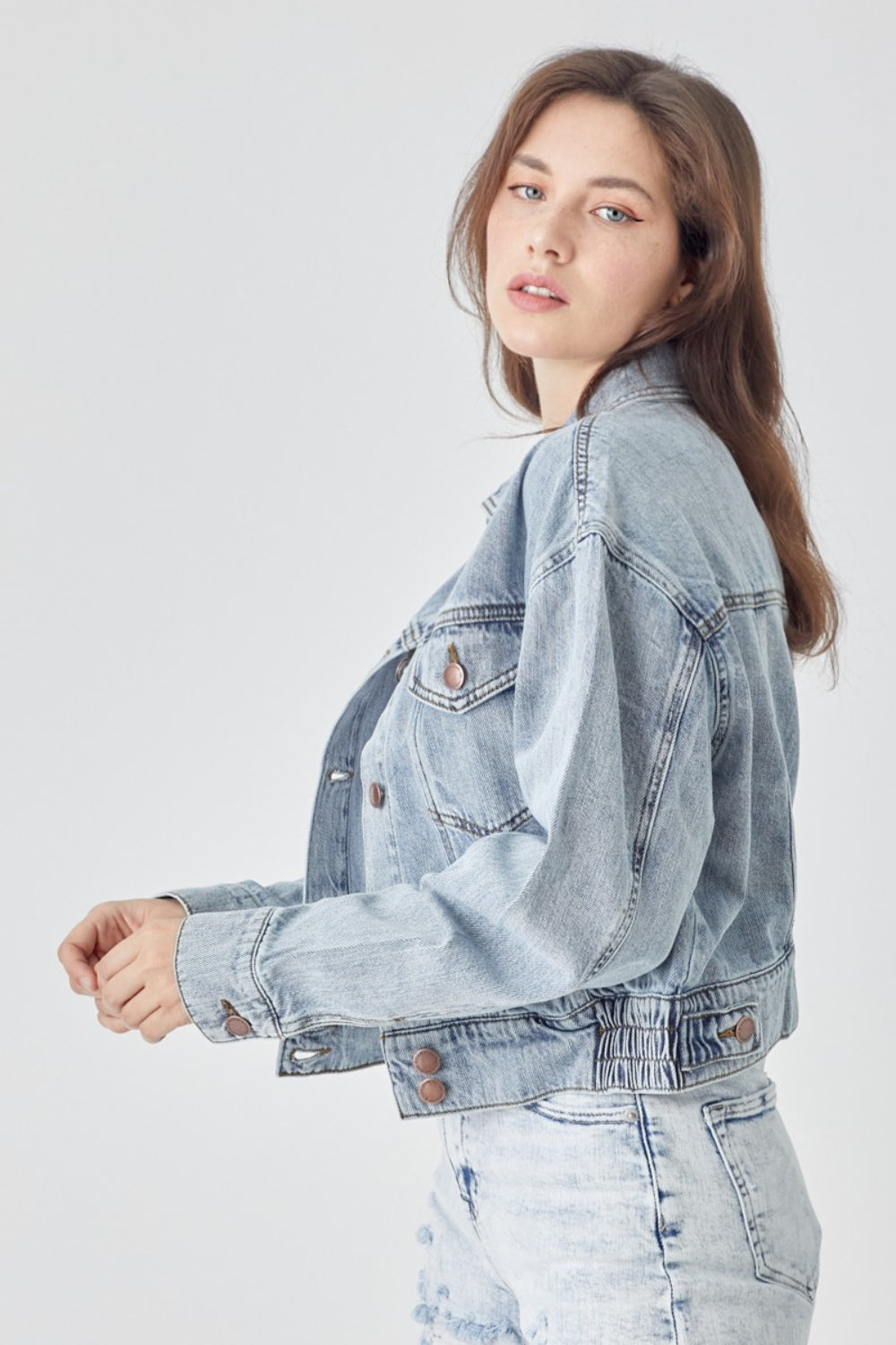 RISEN Full Size Button Down Cropped Denim Jacket Shirt Apparel Clothing Tops RISEN Ship from USA Shirts USA Women Trendsi https://www.cyberehub.com