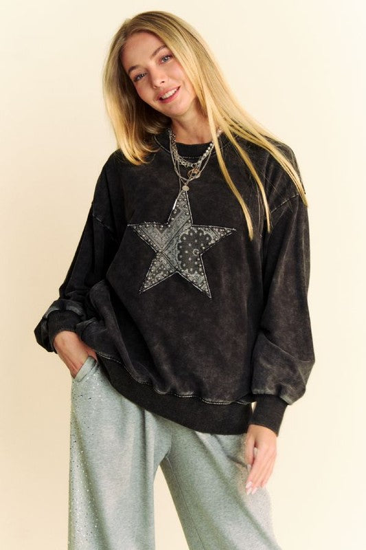 Davi & Dani Stud Star Patch Acid Washed Sweatshirt Black Apparel/Tops Davi & Dani Ship from USA TikTok Tops Trendsi USPS Walmart Walmart Apparel Trendsi https://www.cyberehub.com