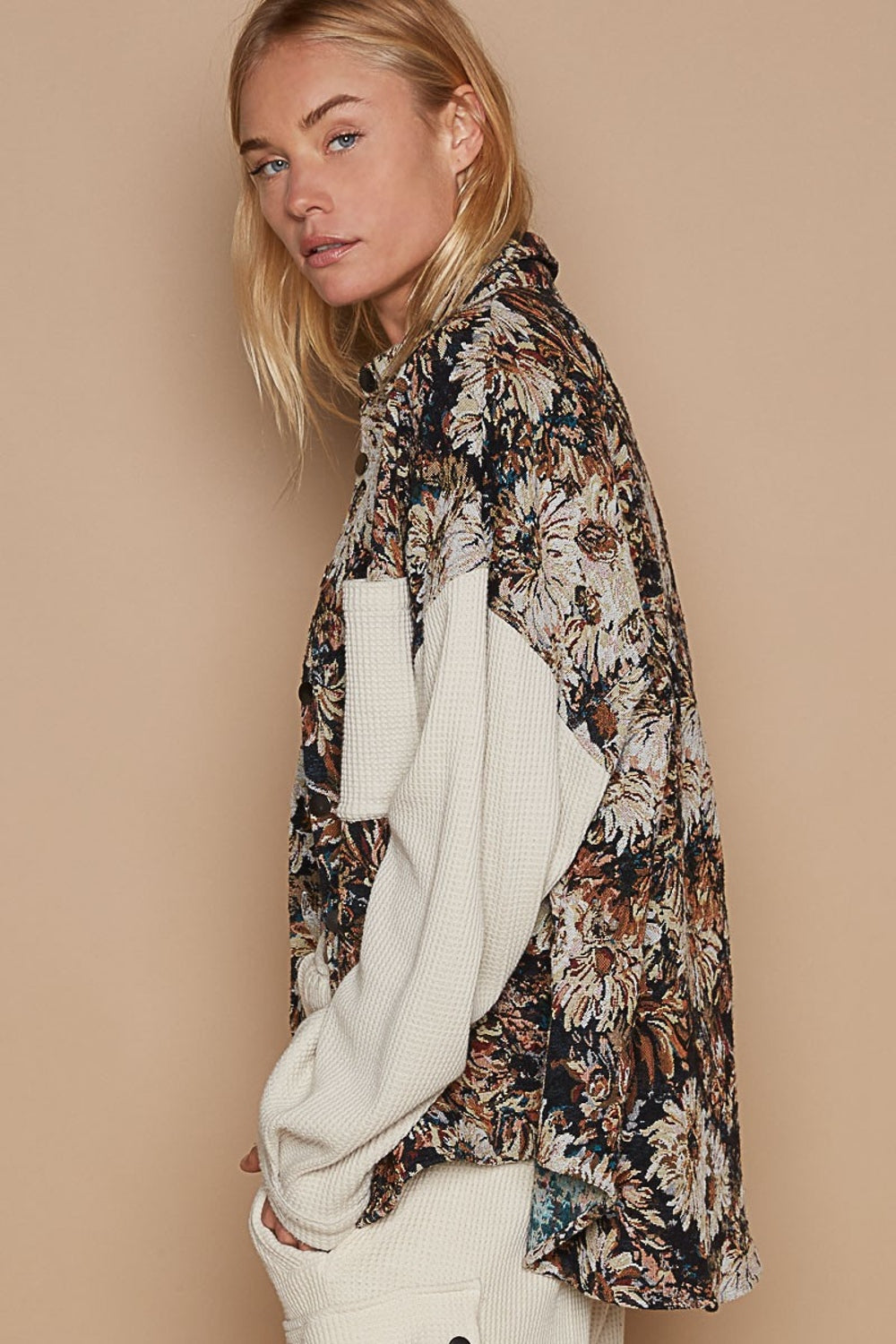 POL Contrast Sleeves Button Down Floral Jacquard Shirt Apparel/Tops POL Ship from USA TikTok Tops Trendsi USPS Walmart Walmart Apparel Trendsi https://www.cyberehub.com