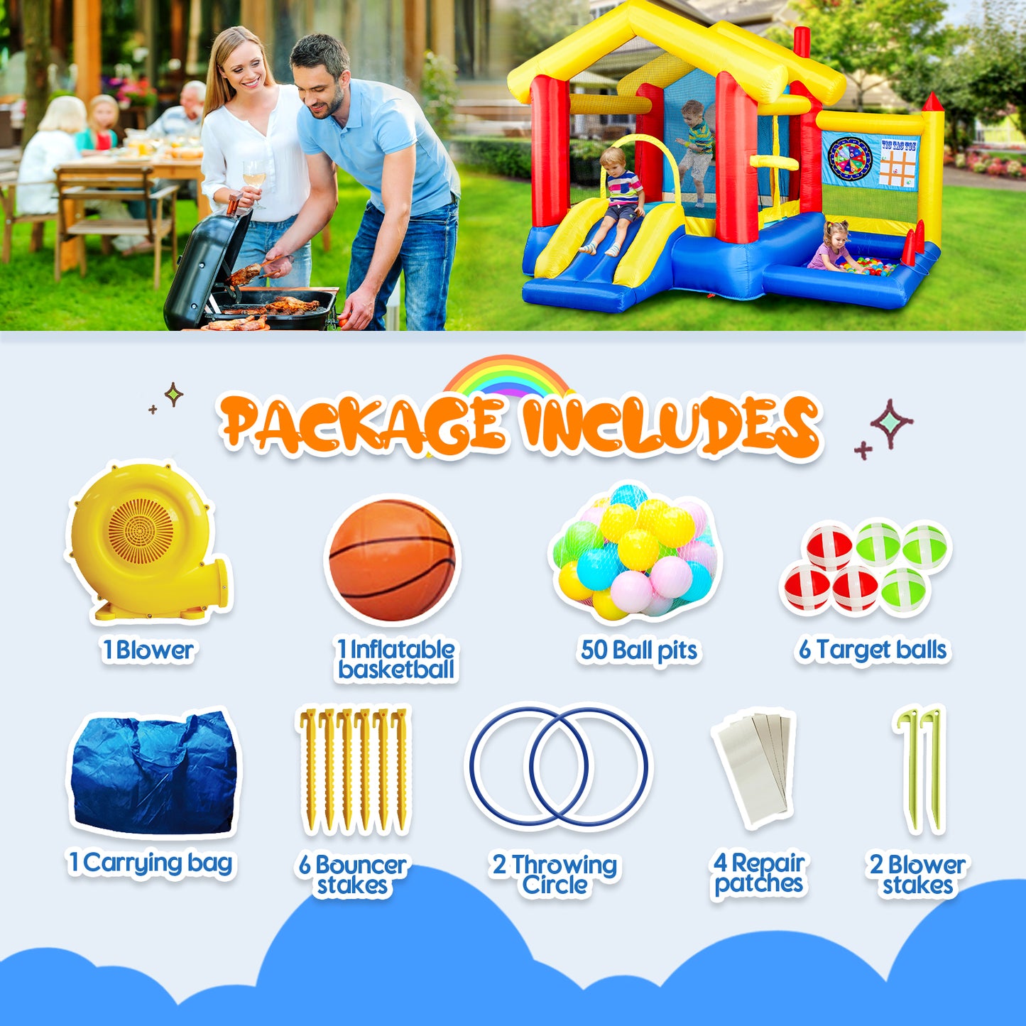 8 in 1 Inflatable Bounce House with Blower Basketball Hoop Ocean Balls Ring-toss Game Target and Sticky Ball Game for Kids Car Giga GNJ Out of stock Toys Walmart Giga https://www.cyberehub.com