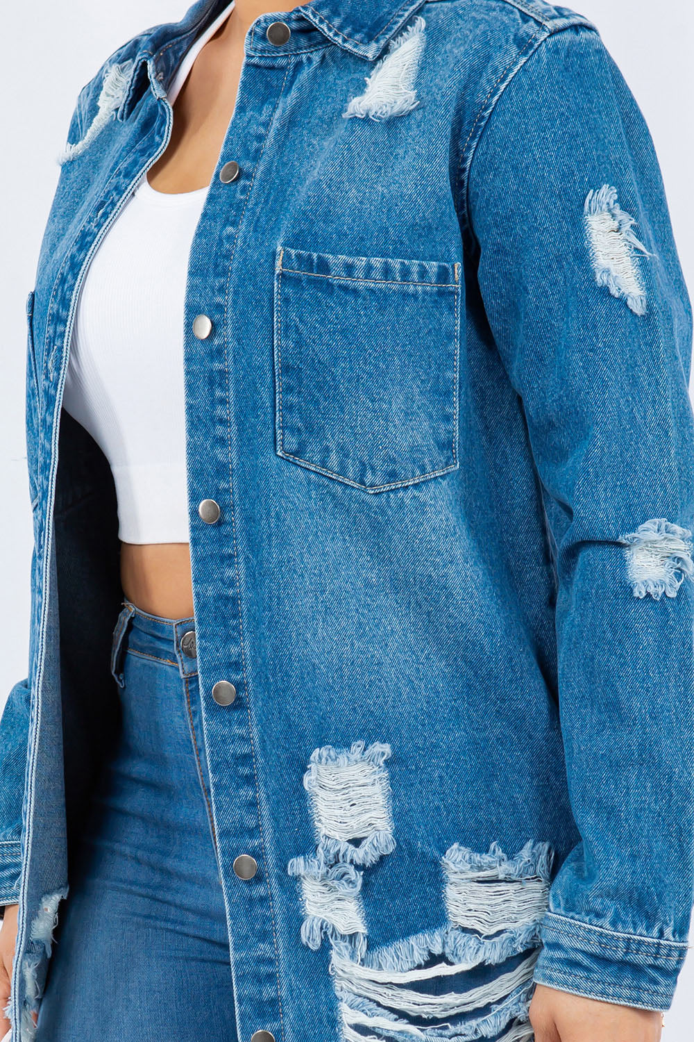 American Bazi Distressed Button Up Long Sleeve Denim Jacket Tops/Jackets/Sweaters American Bazi Clothing Tops Ship from USA TikTok Trendsi USPS Walmart Trendsi https://www.cyberehub.com