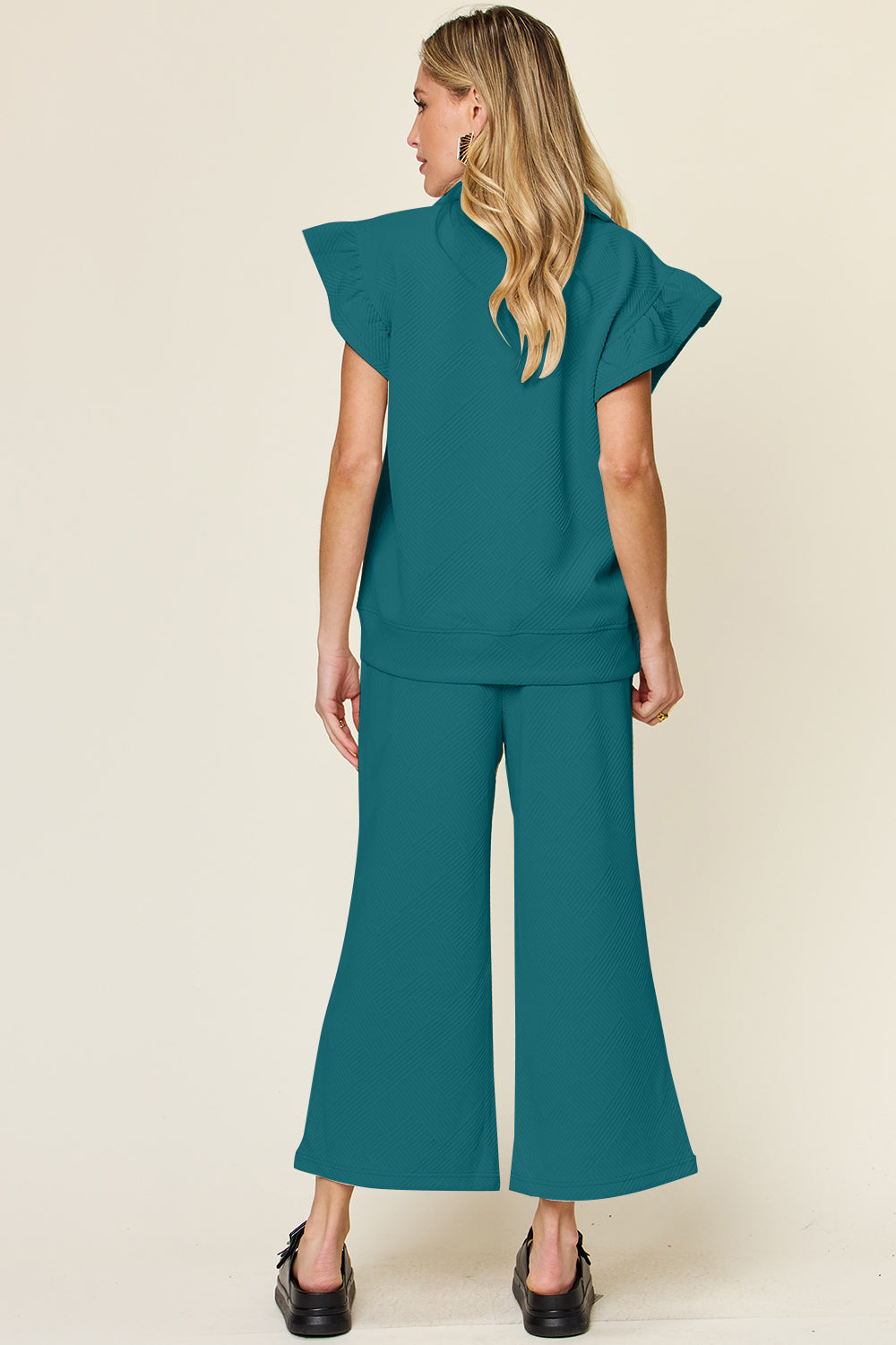 Double Take Texture Ruffle Short Sleeve Top and Drawstring Wide Leg Pants Set Apparel/Tops Double Take Ship from USA TikTok Tops Trendsi USPS Walmart Walmart Apparel Trendsi https://www.cyberehub.com