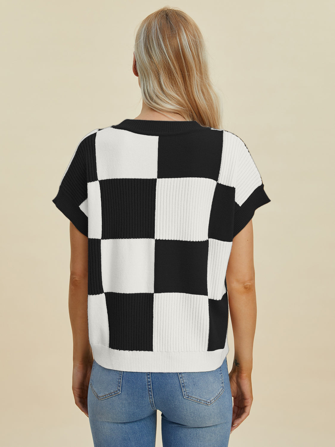 Double Take Full Size Checkered Round Neck Short Sleeve Sweater Shirt Apparel Clothing Tops Double Take Ship from USA Shirts USA Women Trendsi https://www.cyberehub.com