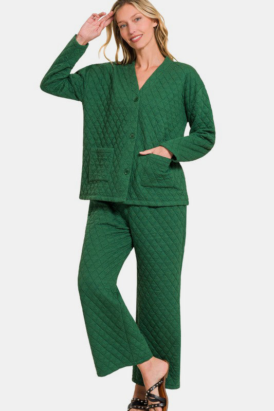 Zenana Quilted Button Up Long Sleeve Top and Pants Lounge Set Dark Green Apparel Apparel Ship from USA TikTok Trendsi Zenana Trendsi https://www.cyberehub.com