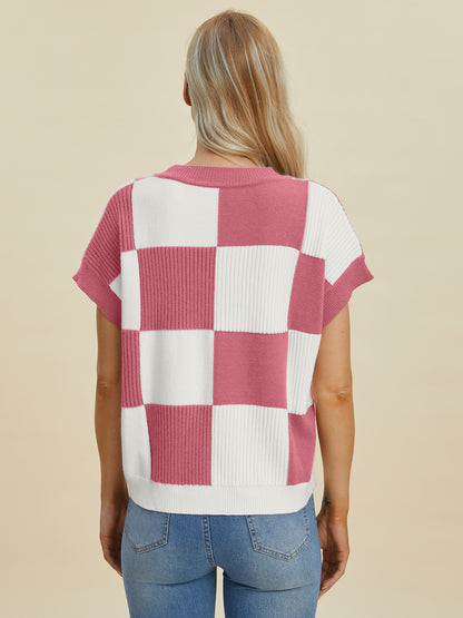 Double Take Full Size Checkered Round Neck Short Sleeve Sweater Shirt Apparel Clothing Tops Double Take Ship from USA Shirts USA Women Trendsi https://www.cyberehub.com