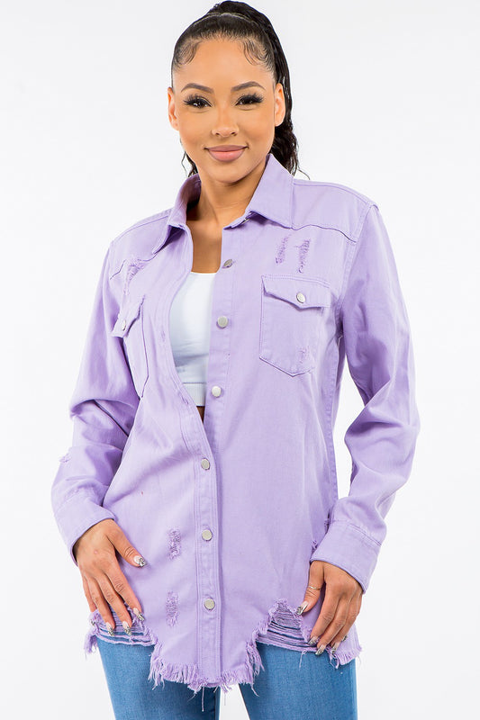 American Bazi Frayed Hem Distressed Denim Jacket Lavender Shirt American Bazi Apparel Clothing Tops Ship from USA Shirts USA Women Trendsi https://www.cyberehub.com