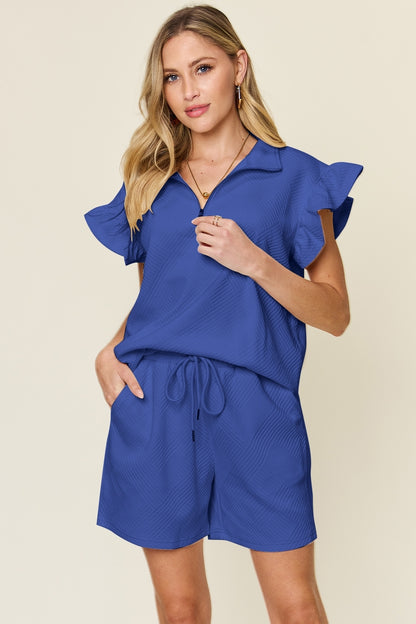 Double Take Full Size Texture Flounce Sleeve Top and Drawstring Shorts Set Royal Blue Apparel/Tops Double Take Ship from USA TikTok Tops Trendsi USPS Walmart Walmart Apparel Trendsi https://www.cyberehub.com