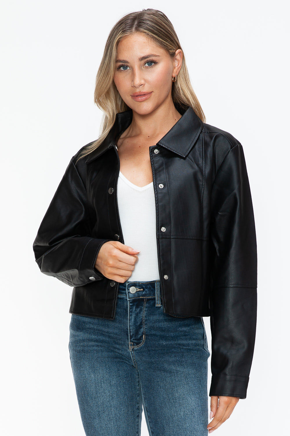 Snobbish Snap Down Long Sleeve PU Leather Jacket Tops/Jackets/Sweaters Clothing Tops Ship from USA Snobbish TikTok Trendsi USPS Walmart Trendsi https://www.cyberehub.com