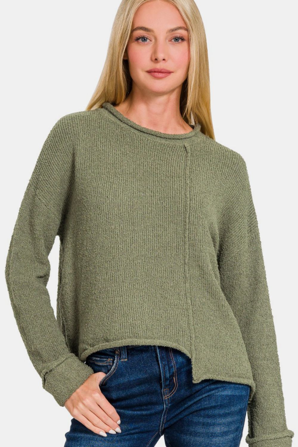 Zenana Asymmetric Hem Drop Shoulder Sweater Lt Olive Shirt Apparel Clothing Tops Ship from USA Shirts USA Women Zenana Trendsi https://www.cyberehub.com