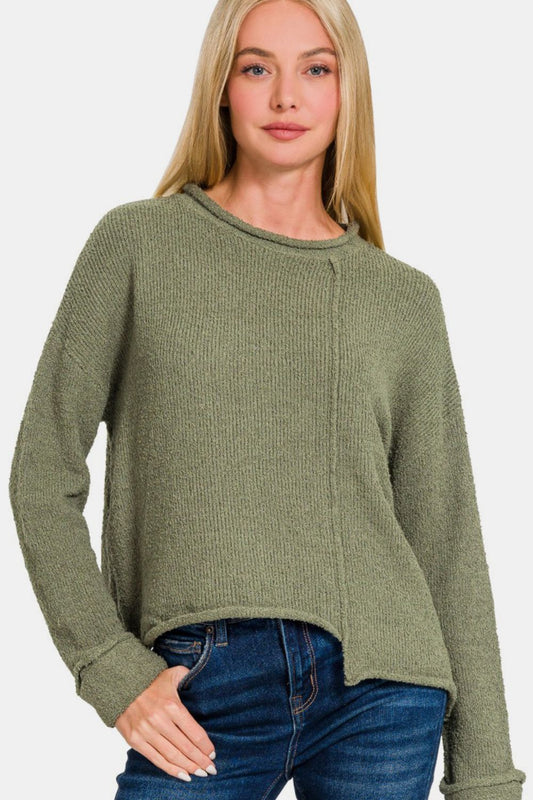 Zenana Asymmetric Hem Drop Shoulder Sweater Lt Olive Shirt Apparel Clothing Tops Ship from USA Shirts USA Women Zenana Trendsi https://www.cyberehub.com