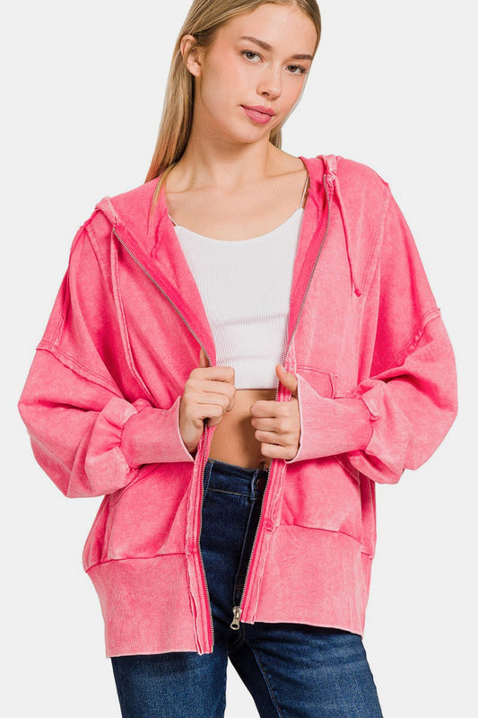 Zenana Acid Washed French Terry Zip-Up Hoodie with Pockets Fuchsia Shirt Apparel Clothing Tops Ship from USA Shirts USA Women Zenana Trendsi https://www.cyberehub.com