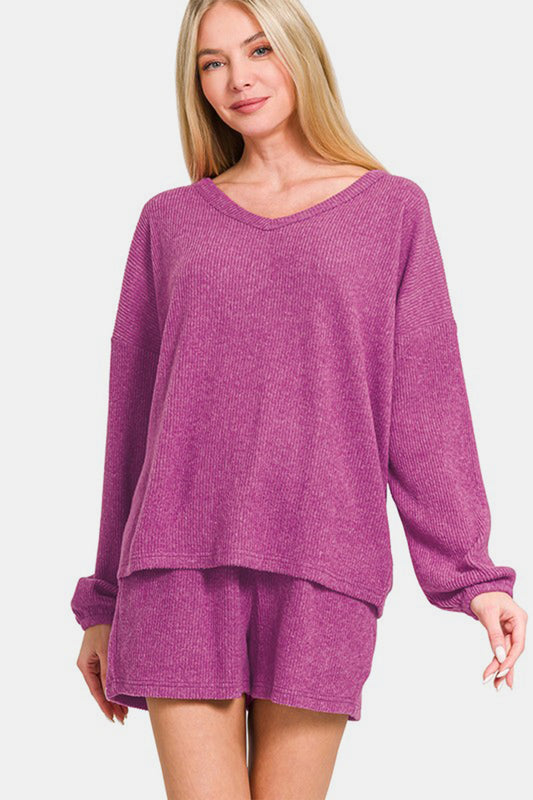 Zenana V-Neck Long Sleeve Ribbed Top and Shorts Set Red-Violet Apparel/Tops Ship from USA TikTok Tops Trendsi USPS Walmart Walmart Apparel Zenana Trendsi https://www.cyberehub.com