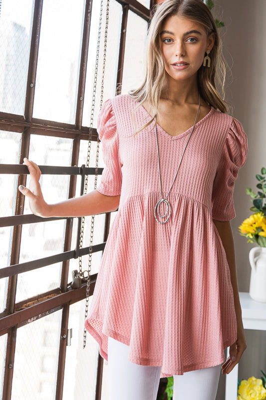 Heimish Full Size Waffle Knit V-Neck Babydoll Top ROSE Apparel/Tops Heimish Ship from USA TikTok Tops Trendsi USPS Walmart Walmart Apparel Trendsi https://www.cyberehub.com