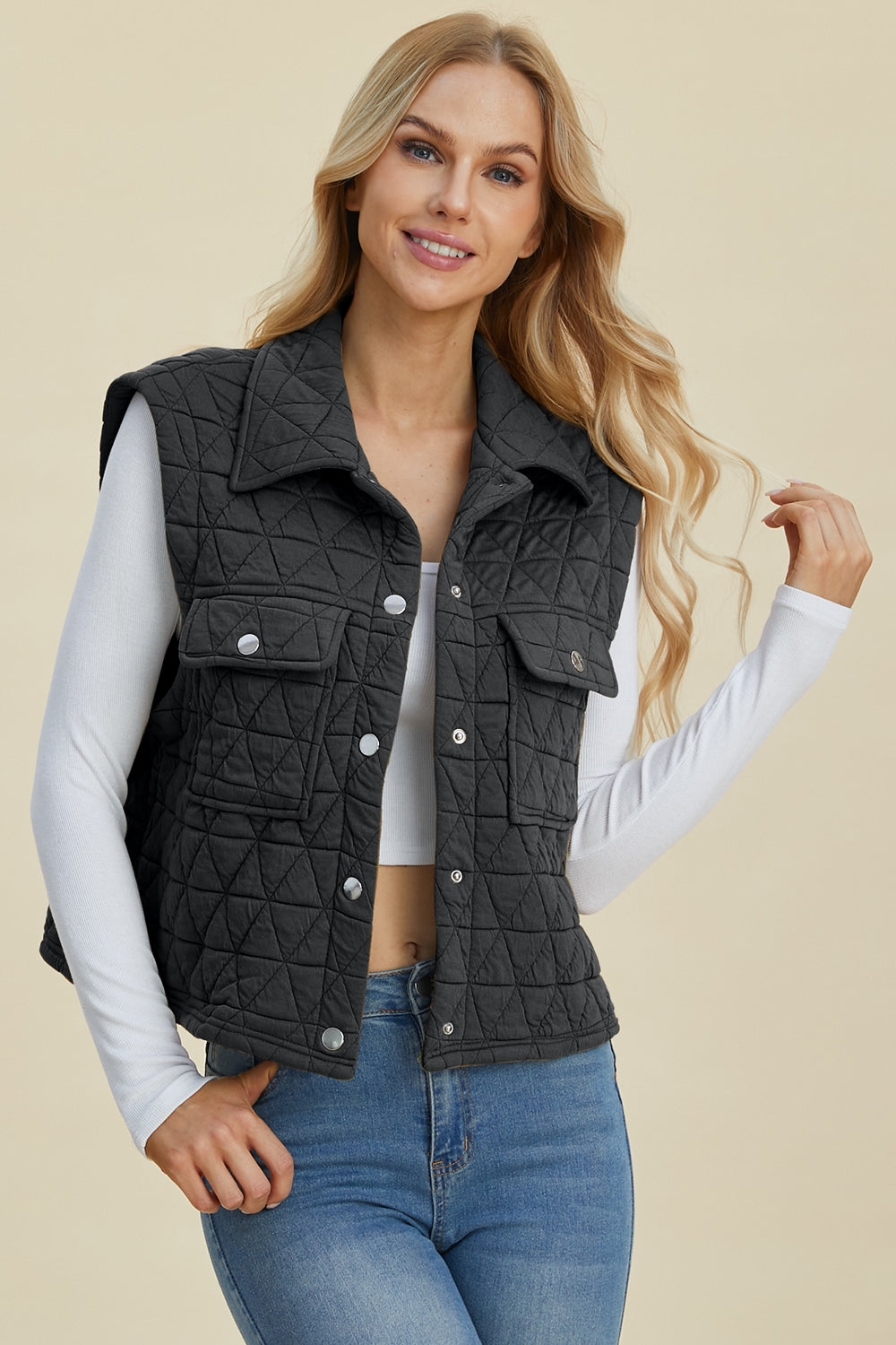 Double Take Full Size Pocketed Texture Snap Down Vest Coat Black Shirt Apparel Clothing Tops Double Take Ship from USA Shirts USA Women Trendsi https://www.cyberehub.com