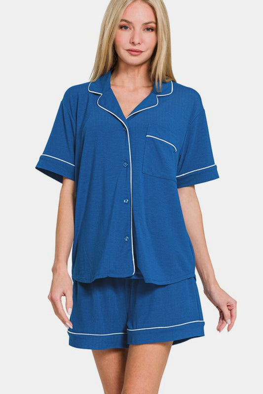 Zenana Button Down Short Sleeve Top and Shorts Lounge Set Classic Blue Apparel Apparel Ship from USA TikTok Trendsi Zenana Trendsi https://www.cyberehub.com