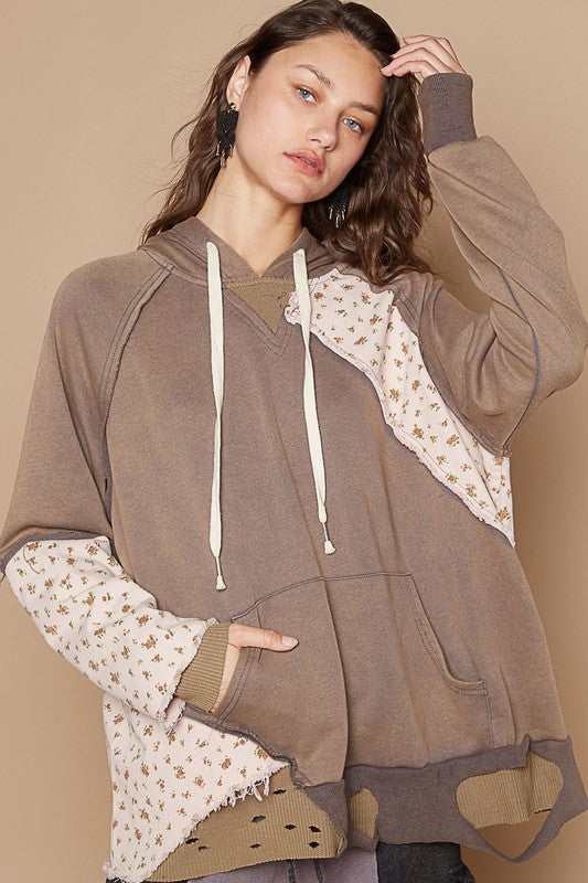 POL Floral Patchwork Distressed Drawstring Hoodie Mocha Apparel/Tops POL Ship from USA TikTok Tops Trendsi USPS Walmart Walmart Apparel Trendsi https://www.cyberehub.com