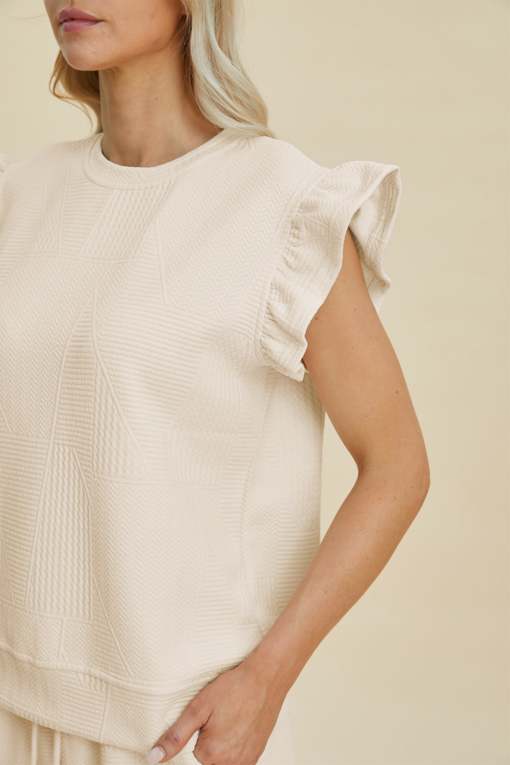 Double Take Full Size Texture Round Neck Ruffle Sleeve Top and Shorts Set Tops/Jackets/Sweaters Clothing Tops Double Take Ship from USA TikTok Trendsi USPS Walmart Trendsi https://www.cyberehub.com