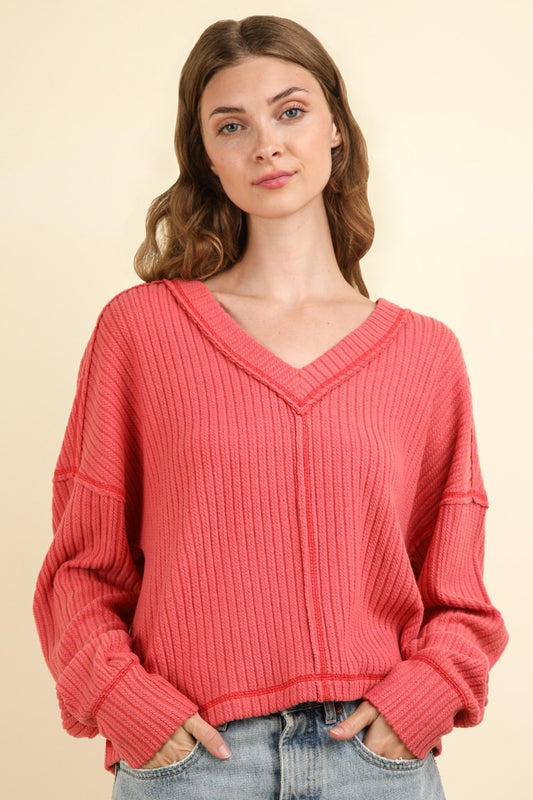 VERY J Exposed Seam V-Neck Ribbed Knit Top Coral Shirt Apparel Clothing Tops Ship from USA Shirts USA VERY J Women Trendsi https://www.cyberehub.com