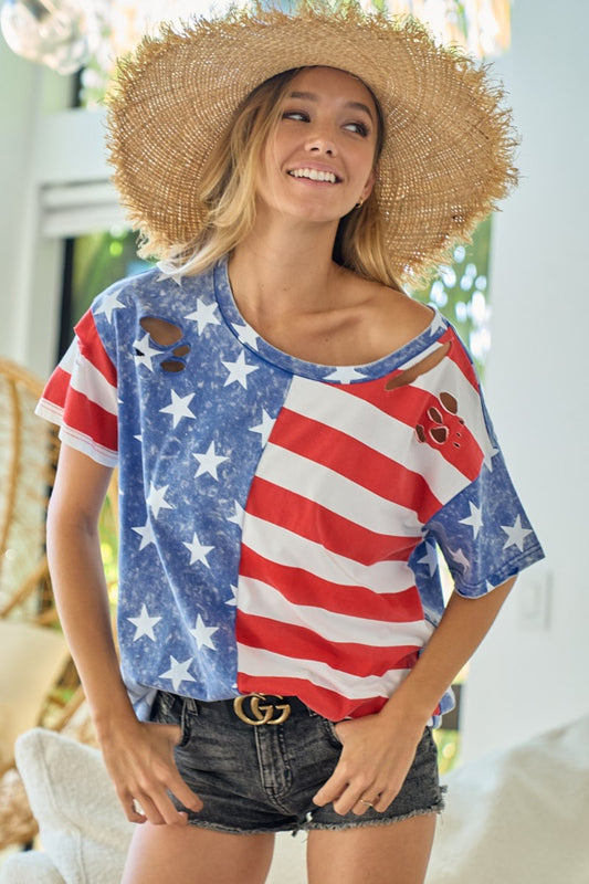 BiBi American Flag Theme Short Sleeve T-Shirt Navy Red Tops/Jackets/Sweaters BiBi Clothing Tops Ship from USA TikTok Trendsi USPS Walmart Trendsi https://www.cyberehub.com