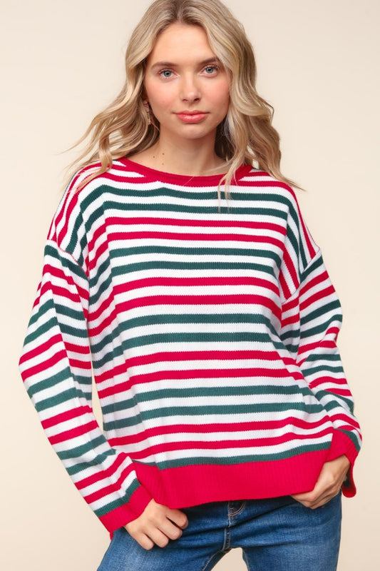 Haptics Full Size Striped Contrast Side Slit Knit Top Red Hunter Green Shirt Apparel Clothing Tops Haptics Ship from USA Shirts USA Women Trendsi https://www.cyberehub.com