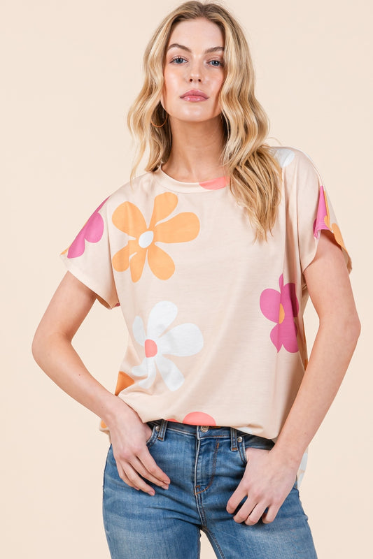 BOMBOM Floral Short Sleeve T-Shirt Beige Tops/Jackets/Sweaters BOMBOM Clothing Tops Ship from USA TikTok Trendsi USPS Walmart Trendsi https://www.cyberehub.com