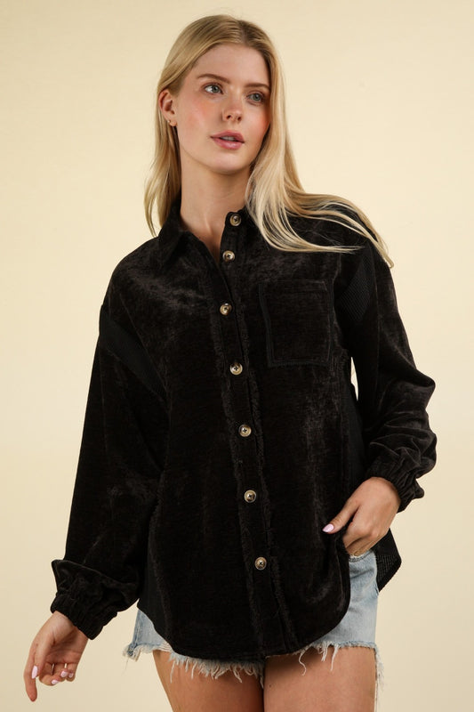 VERY J Mixed Media Button Down Raw Hem Shacket Black Shirt Apparel Clothing Tops price-change-job-active Ship from USA Shirts USA VERY J Women Trendsi https://www.cyberehub.com