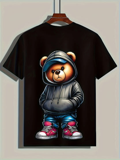 Men's Casual Geometric Bear Hat T-shirt Design - Polyester Knitted Fabric, Round Neck, Regular Style, Novel And Fashionable Clothing Apparel/Shirt/Graphic Shirt SNULLO https://www.cyberehub.com