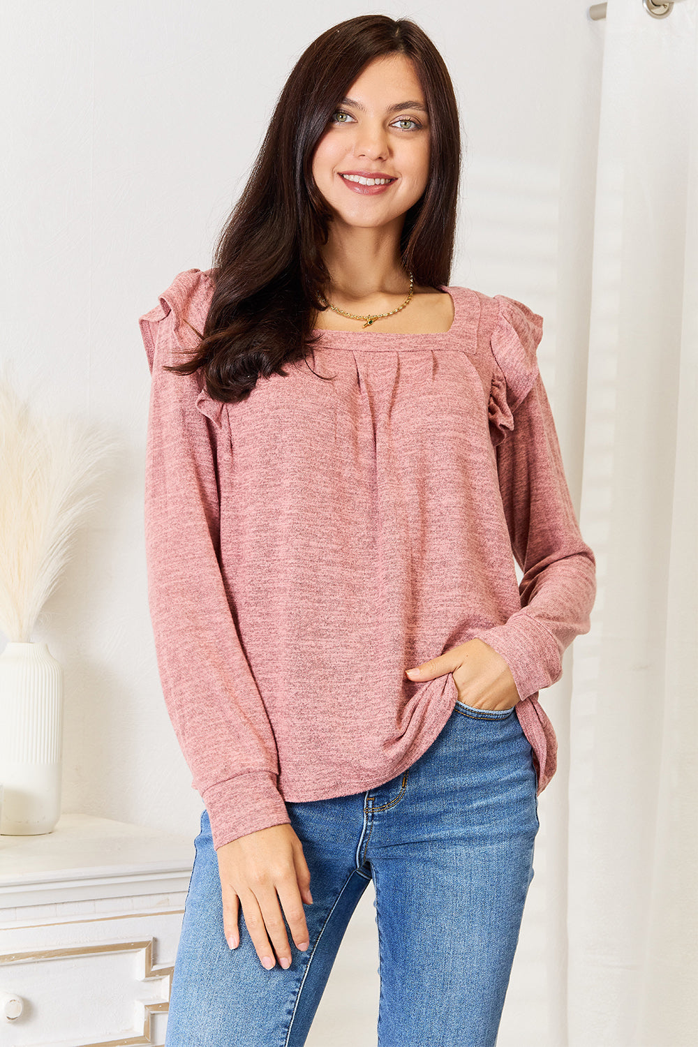 Double Take Square Neck Ruffle Shoulder Long Sleeve T-Shirt Apparel/Tops Double Take Ship from USA TikTok Tops Trendsi USPS Walmart Walmart Apparel Trendsi https://www.cyberehub.com
