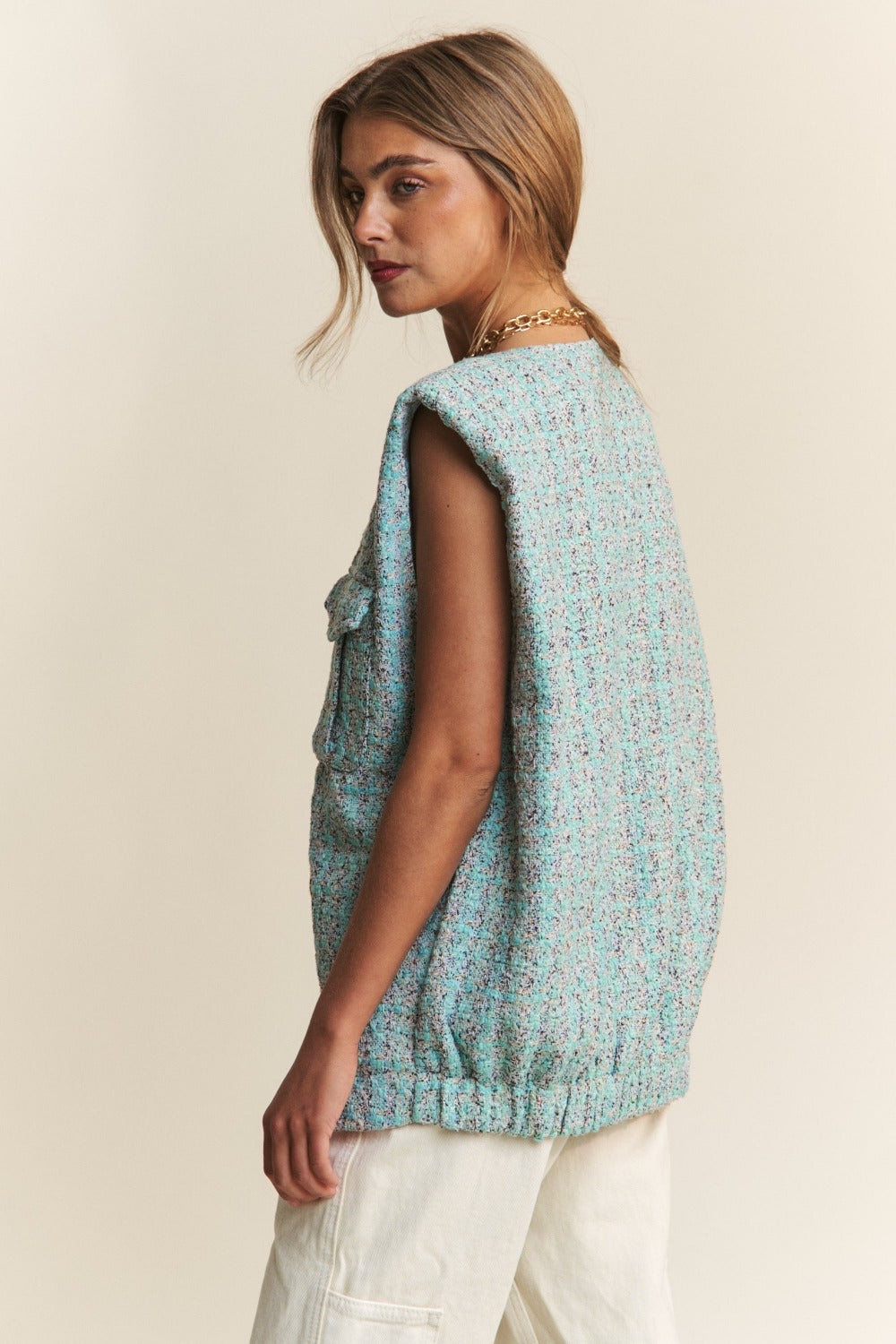 J.NNA Frayed Tweed Padded Shoulder Vest Shirt Apparel Clothing Tops J.NNA Ship from USA Shirts USA Women Trendsi https://www.cyberehub.com