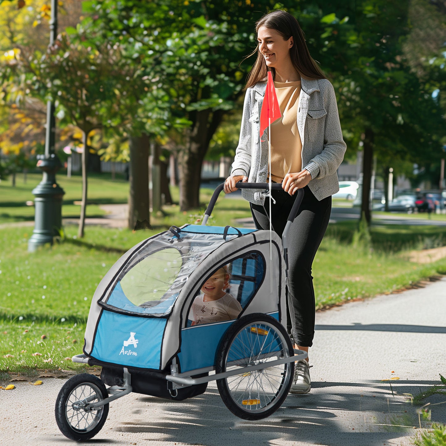 Aosom Elite Three-Wheel Bike Trailer for Kids Bicycle Cart for Two Children with 2 Security Harnesses & Storage, Blue Car Giga GNJ Toys Walmart Giga https://www.cyberehub.com