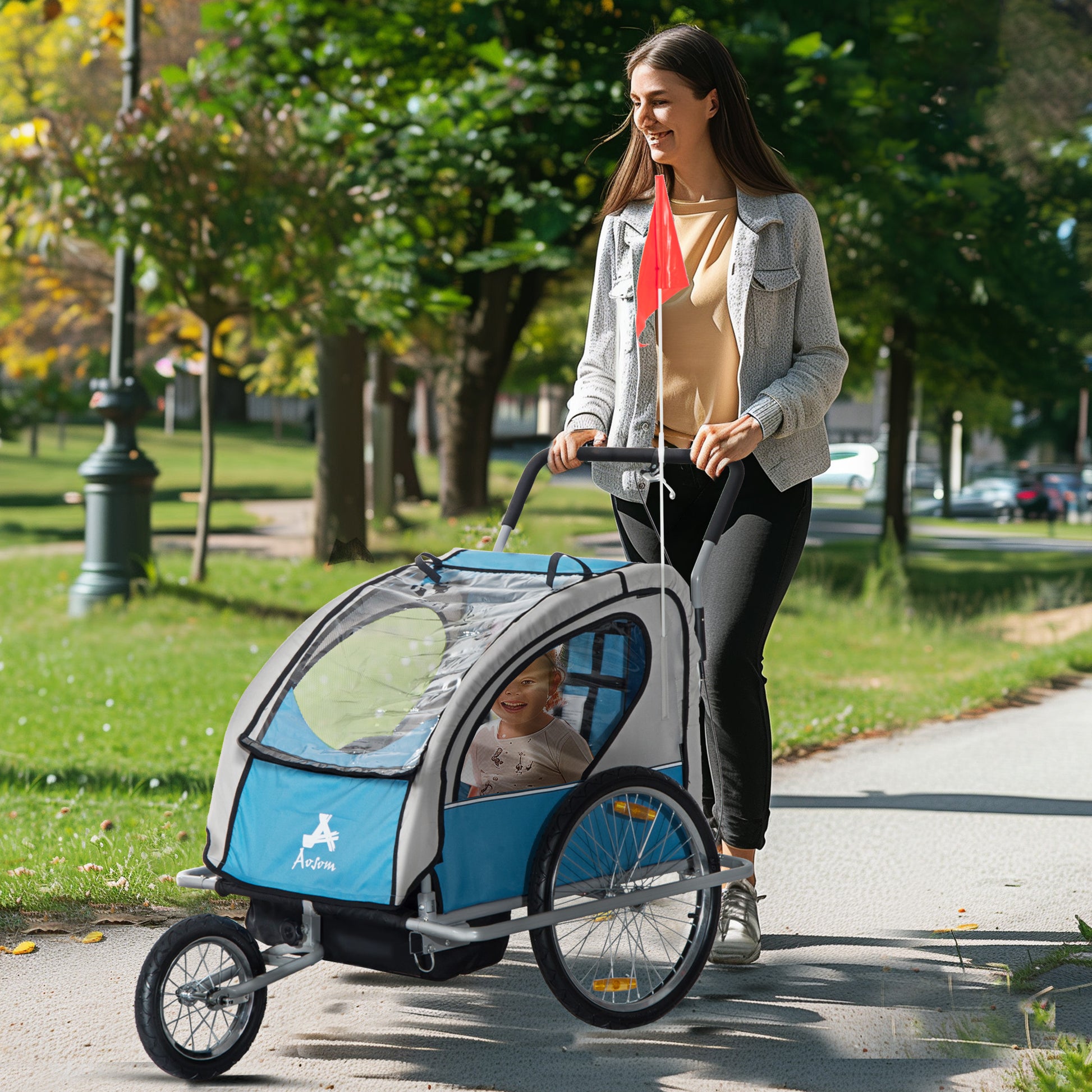Aosom Elite Three-Wheel Bike Trailer for Kids Bicycle Cart for Two Children with 2 Security Harnesses & Storage, Blue Car Giga GNJ Toys Walmart Giga https://www.cyberehub.com