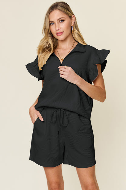 Double Take Full Size Texture Flounce Sleeve Top and Drawstring Shorts Set Black Apparel/Tops Double Take Ship from USA TikTok Tops Trendsi USPS Walmart Walmart Apparel Trendsi https://www.cyberehub.com