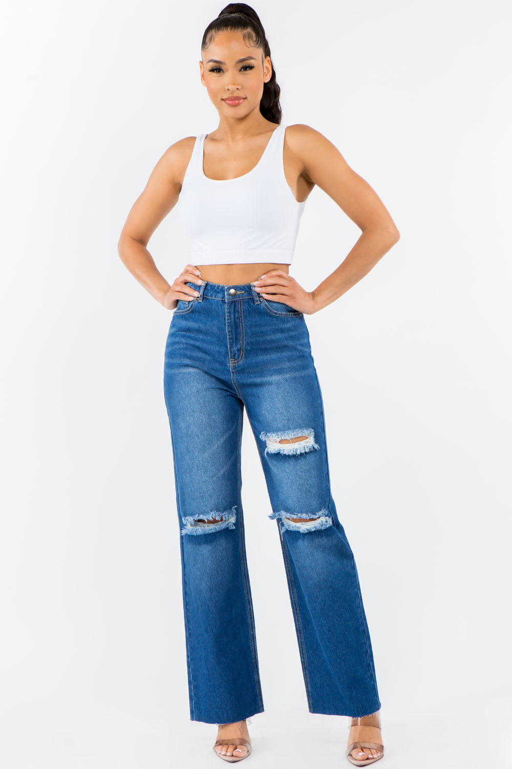 American Bazi High Waist Distressed Wide Leg Jeans Blue Bottoms American Bazi Bottoms Clothing Ship from USA Women Trendsi https://www.cyberehub.com