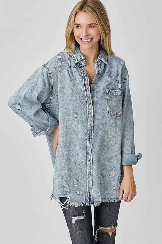 RISEN Distressed Raw Hem Denim Shirt Acid Light Apparel/Tops RISEN Ship from USA TikTok Tops Trendsi USPS Walmart Walmart Apparel Trendsi https://www.cyberehub.com