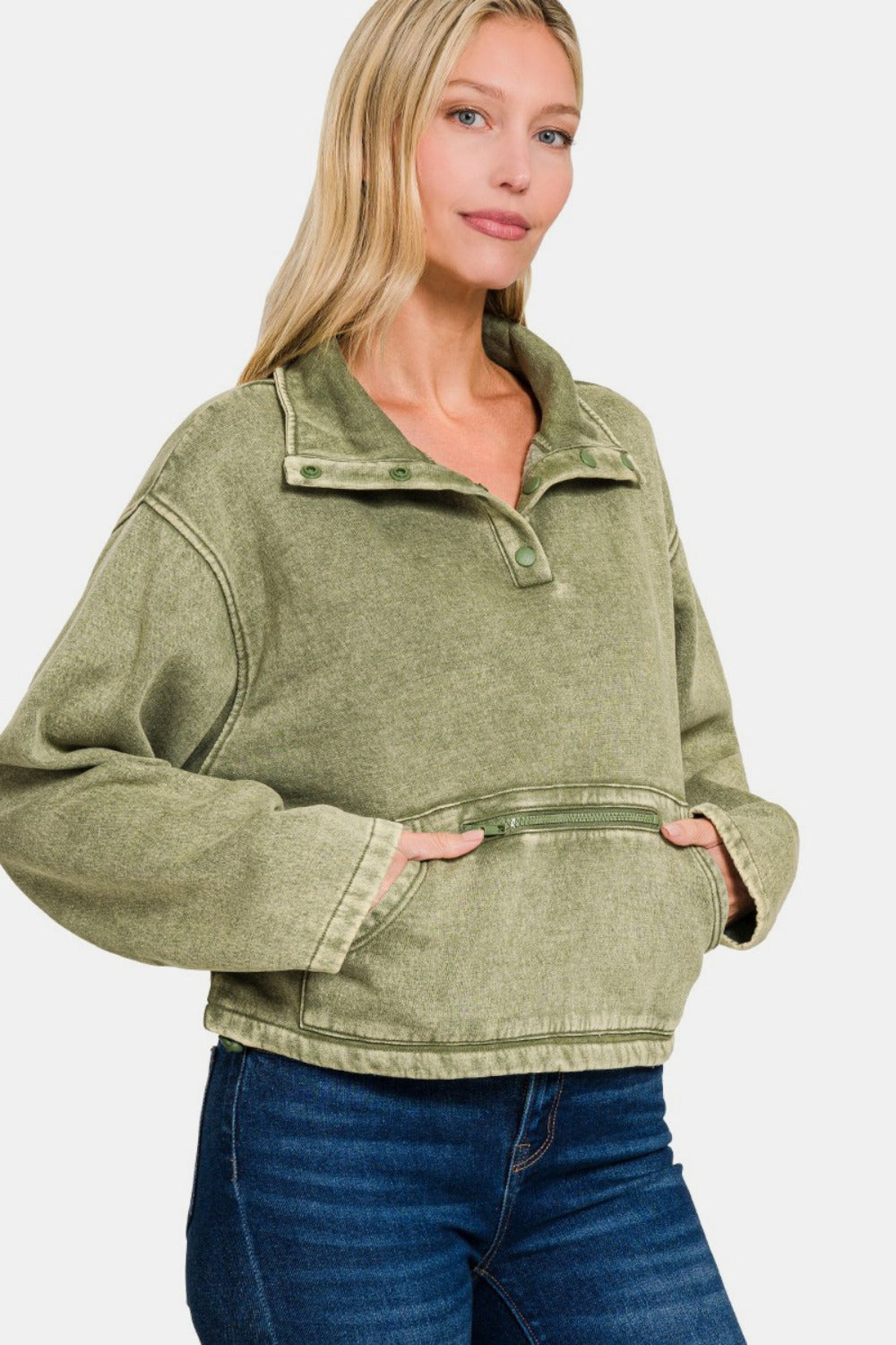 Zenana Acid Wash Fleece Half Snap Sweatshirt with Pocket Tops/Jackets/Sweaters Clothing Tops Ship from USA TikTok Trendsi USPS Walmart Zenana Trendsi https://www.cyberehub.com